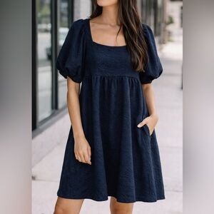 Listicle This is Love Navy Cable Knit Puff Sleeve Babydoll Mini Dress Size M